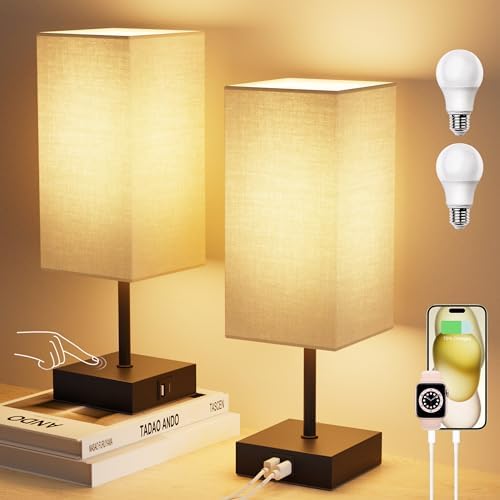 Touch Bedside Table Lamp for Bedroom, 14-Inch, Beige, Set of 2