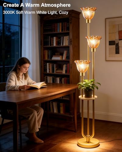 Lightdot Amber Flower Glass Floor Lamp with Table Gold Floor Lamp 3-Light