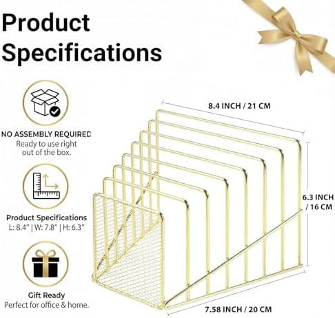 2 pcs Incline File Sorter, 7 Slot Magazine Holder for Letter, Document, Folder and Book, Metal Desktop Organizer Rack for Home, School and Office (2-gold)