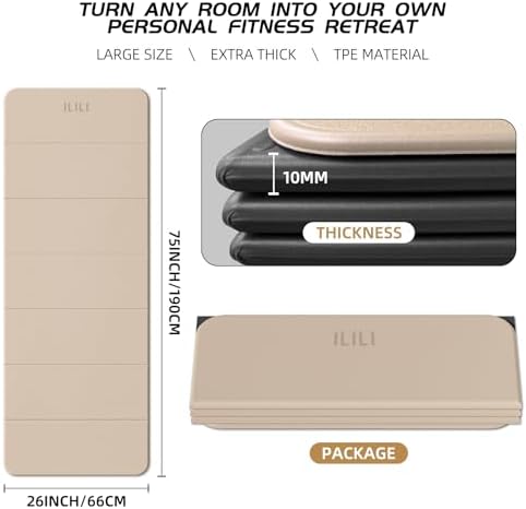 ILILI Foldable Yoga Mat 10mm, Extra Thick, Extra Long, 75x26x0.4 Inch, TPE
