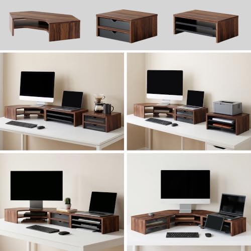 Fenge Dual Monitor Stand, Corner Desk Shelf with Drawer & Slide-Out Tray