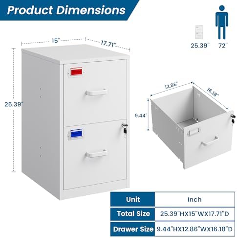 PEUKC 2 Drawer File Cabinet with Lock, 25.4" High Vertical Filing Cabinet, 17.7" Deep Metal Storage Cabinets for Home Office, Letter/Legal/A4/F4 Size, White(Assemble Required)