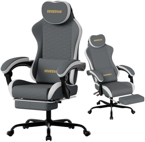 Honeycomb Embossed Gaming Chair with Footrest & Massage Lumbar Support, Adjustable Ergonomic Office Chair for Adults, 300 lbs (Grey White)