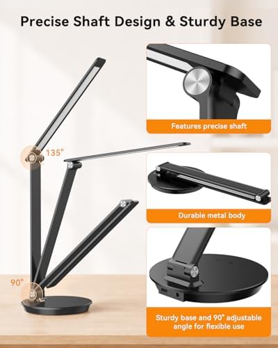 LED Desk Lamp with USB Charging Port, Touch Control, 6 Brightness Levels 6 Color Temperatures, Eye-Caring Desk Light with 1-Hour Timer, Adjustable Foldable Lamp for Home Office, Bedroom, Study