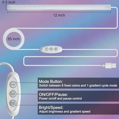 RGB Light Bar with Color Memory & Dimmable Brightness for Monitor/Desk, Under Cabinet Lights with 8 Colors & Dynamic Modes, Magnetic Installation for Kitchen, Room, Shelf, USB Powered