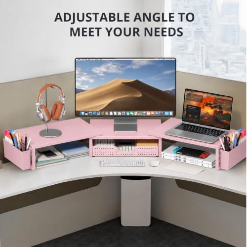 OPNICE Desk Organizers and Accessories, Dual Monitor Stand Riser with Drawer and 2 Pen Holders, Desk Shelf Printer Stand for Office Workspace Organizers, Desktop Organization (Light Pink)