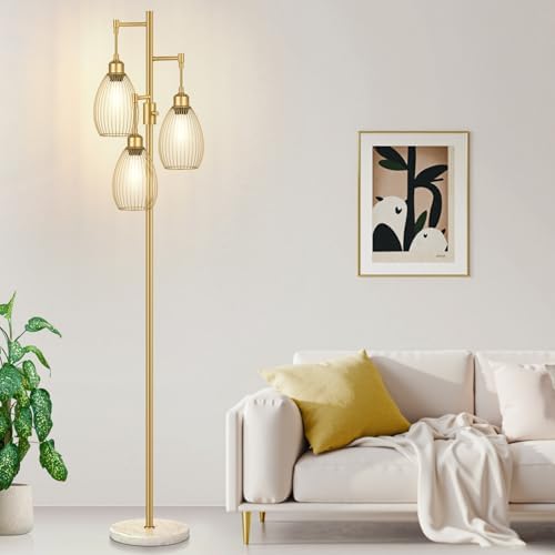 Dimmable Floor Lamp,3x800LM LED Bulbs Included, Farmhouse Industrial Floor Lamp Standing Tree Lamp with Teardrop Cage Head Tall Lamp for Living Room Bedroom Office Dining Room - Gold & Marble Base