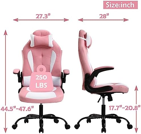 Office Gaming Chair, High Back PU Leather Racing Chair, Comfortable Big and Tall, Height Adjustable Heavy Duty With Headrest & Lumbar Support (Pink)