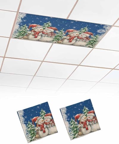 Blue Christmas Magnetic Fluorescent Light Covers for Ceiling Lights 2 x 4 Feet,Snowman Snowflakes Green Pine Tree Retro Office Classroom Kitchen Drop Ceiling Light Covers Filters Shade Panel 2 Packs