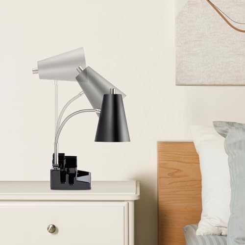 HonoDing E26 Desk Lamp with 1 USB Charging Port and 1 AC Outlet, Organizer Base, Adjustable Neck, On/Off Switch, Modern Table Lamp for Reading, Working, Studying(Black)