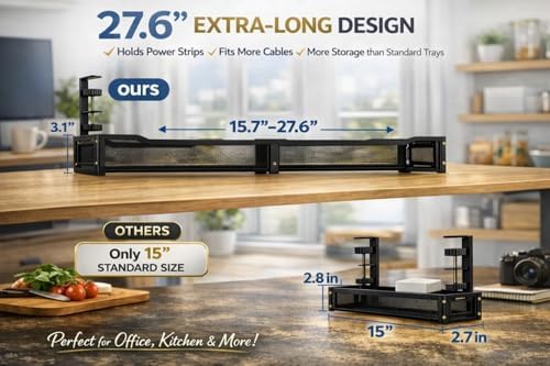 Expandable Under Desk Cable Management Tray, Expandable 15.7”–27.6”, No Drill Metal Cable Organizer with Clamp Mount for Standing Desk, Office & Home Desk (Black