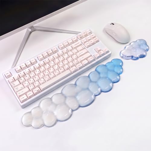 Gel Cloud Keyboard and Mouse Wrist Rest Set Gradient Blue Keyboard Wrist Rest Transparent Ergonomic Cute Mouse Wrist Pad Silicone Non-Slip Clear Wrist Rest for Computer Keyboard 60%68% 75% Home Office