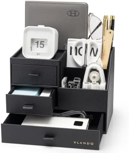 Desk Organizer with Drawer, Luxury 7 Compartments Leather Desk Caddy, Black