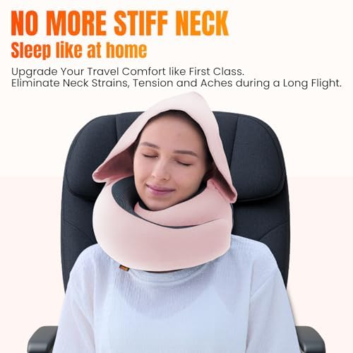 LOEXAIR™ Hooded Pro Travel Pillow - Memory Foam Neck Support Pillow for Airplane, Flight - Super-Soft Pure Cotton Fabric, Maximum Privacy & Light-Block Design, Lightweight Full Travel Kit- Sakura Pink