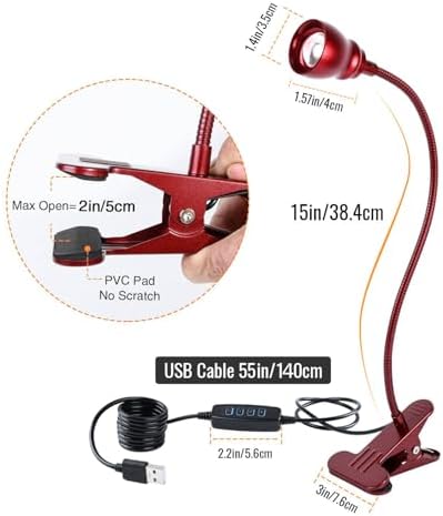 Zoomable Clip on Light, Clamp Reading Light for Dorm Bed Headboard, Dimmable Spotlight with 3 Color Temperature Options, 10 Dimmable Brightness Levels, Adjustable Beam Angle (Red)