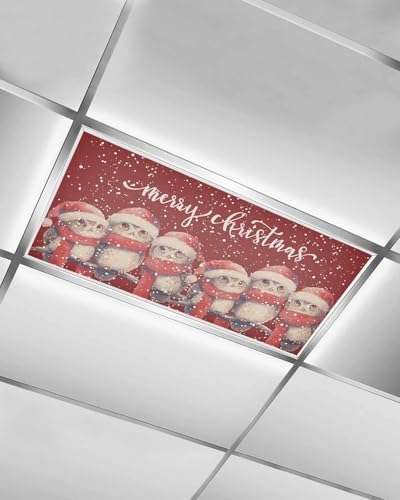 Red Christmas Magnetic Fluorescent Light Covers for Ceiling Lights 2 x 4 Feet,Vintage Owl White Snowflakes Watercolor Office Classroom Kitchen Drop Ceiling Light Covers Filters Shade Panel 1 Pack