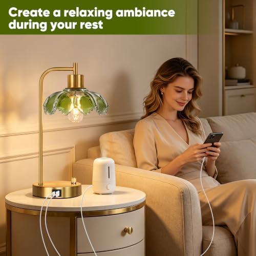 Glass Table Lamps Set of 2, Green Dimmable Bedside Lamps for Living Room
