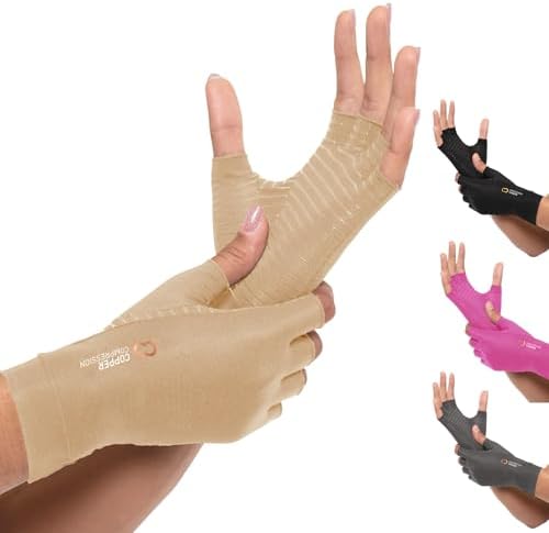 Copper Compression Arthritis Gloves | Fingerless Arthritis Carpal Tunnel Pain Relief for Men & Women | Hand Support Wrist Brace for Neuropathy, Rheumatoid, Tendonitis, Swelling, Crocheting Nude (M)