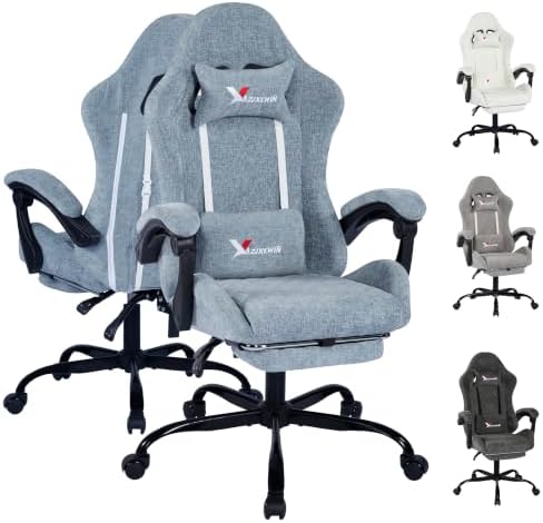 Fabric Gaming Chair for Adults, Ergonomic Computer Office Desk Chair with Footrest,Pocket Spring Cushion, Reclining High Back Silla Gamer for Home Office, Blue