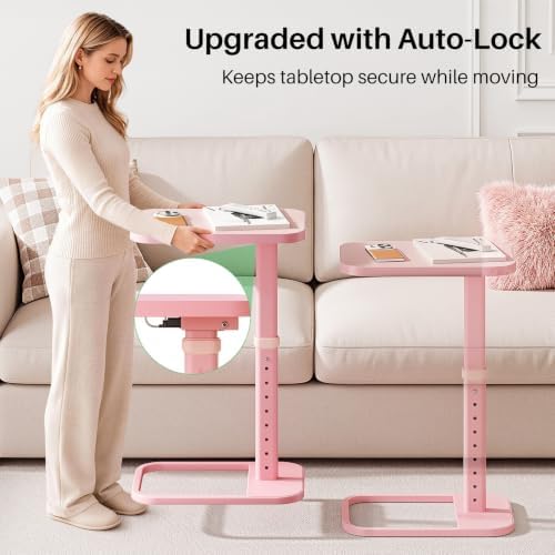 Kitstorack Upgraded TV Tray Table with Panel Lock, 90° Flip-Over Design & Adjustable Height, Sofa Arm Side Table for Eating, Laptop, Couch, Bed, or Small Spaces, Pink