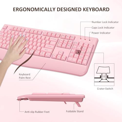 EDJO Wireless Keyboard and Mouse Combo, USB Plug & Play (Pink)