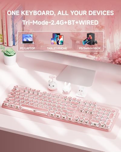 Wireless Typewriter Style Mechanical Keyboard with White Backlit, Pink