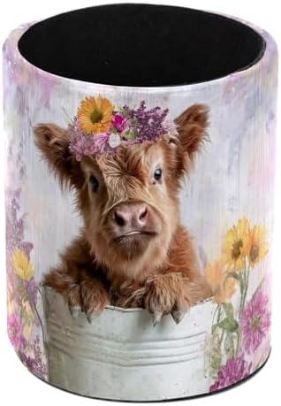 Leather Pen Holder for Desk, Highland Cow Purple Flower Pencil Cup Pen Organizer Makeup Brush Holder for Office Home Kids Countertop Desk Accessory Storage