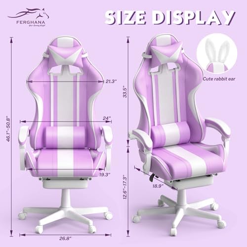 Ferghana Kawaii Light Purple Gaming Chair with Bunny Ears, Ergonomic Cute Gamer Chair with Footrest and Massage, Racing Reclining Leather Computer Game Chair 250lbs for Girls Adults Teens Kids