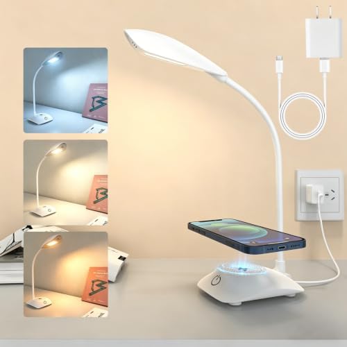 Desk Lamp with Wireless Charger College Dorm Home Office Bedside White
