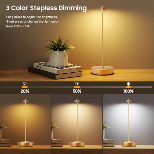Set of 2 LED Cordless Table Lamp, Rechargeable Battery Operated Dimmable Restaurant Table Lamp, 6000mAh, Outdoor Patio Gold