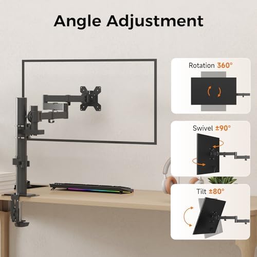 suptek Single Monitor Arm, Universal 3 Tier Arm Fully Adjustable Pole Mount Bracket Monitor Mounting for 13 to 27 inch Screen, Weight up to 22lbs, Mounting Holes 75x75mm to 100x100mm,Black