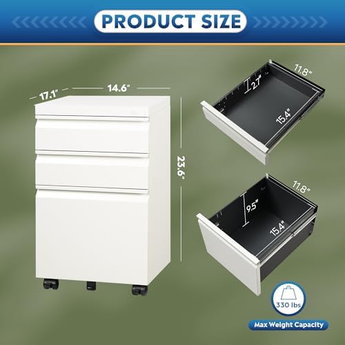 DEVAISE 3 Drawer Mobile File Cabinet with Lock, Under Desk Metal Filing Cabinet for Home Office/Legal/Letter/A4 File, Fully Assembled Except Wheels, White