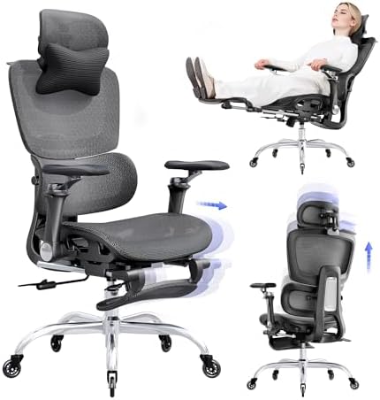 Office Chair with Footrest, Ergonomic Chair with 3D Headrest, Computer Chair with Adjustable Backrest & 6D Armrest, Gaming Chair with Adaptive Lumbar Support, Adjustable Seat Depth, Black