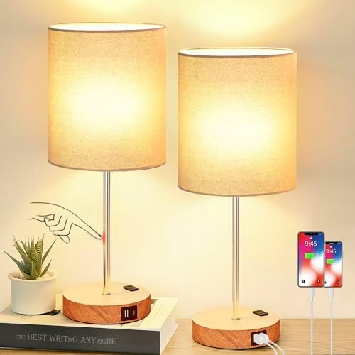 Lynnoland Set of 2 Touch Wood Table Lamps, Bedroom Lamps with 2 USB AC Outlet, 3-Way Dimmable Bedside Nightstand Lamps for Bedroom Living Room Nursery, 800 Lumens 2700K Bulbs Included