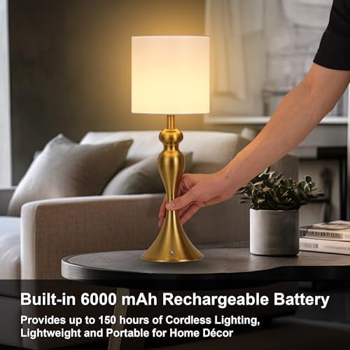 Cordless Table Lamp Rechargeable, Battery Fabric Bedside Touch Light, Brass