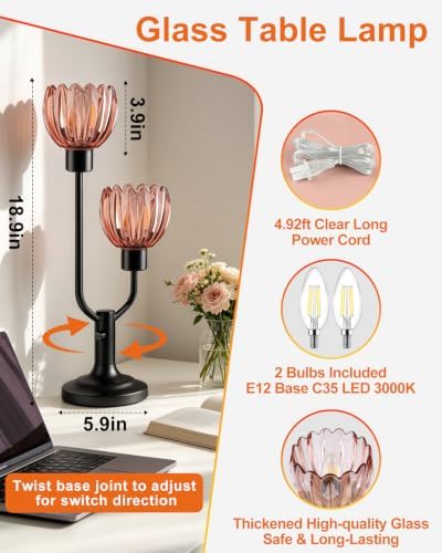 Mid Century Modern Flower Table Lamp for Living Room Dimmable Pink