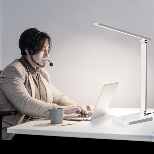 LED Desk Lamp for Home Office, 3 Levels Dimmable Desk Light with USB Charging Port, Reading Lamp for Table Study Work Office Nail Craft Puzzle, White, 5000K
