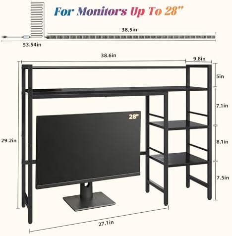 HavenlyYouth Desk Shelf with LED Light Strip, 3-Tier Storage Desktop Organizer Shelf, 38.6" Wood Desktop Bookshelf for Computer Monitor, Desk Hutch for Home Office Dorm, Black