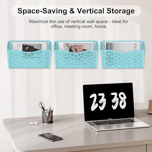 EasyPAG 3 Single Wall Mount File Organizer Vertical Metal Wall Pocket File Holder for Office, Home, School, Blue