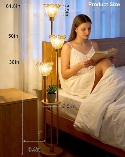 Lightdot Amber Flower Glass Floor Lamp with Table Gold Floor Lamp 3-Light