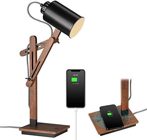 ELYONA Touch Control Sapele Wood Desk Lamp with Wireless Charging & USB Port, LED Reading Task Light,Adjustable, Swing Arm Table Lamp for Bedroom, Study Work, Office, Dorm, Bulb Included, Black