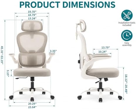 Ergonomic Office Chair with Adjustable Headrest & Lumbar Support, High Back Mesh Desk Chair, 330 LBS Capacity Swivel Computer Chair with Flip-Up Arms, Home Office Gaming Chair(Grey)