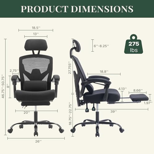 Ergonomic Office Chair with Footrest, High Back Home Desk Computer Chair with Lumbar Support & Headrest, 90-135° Reclining Mesh Back with Wheels for Work, Gaming, Black