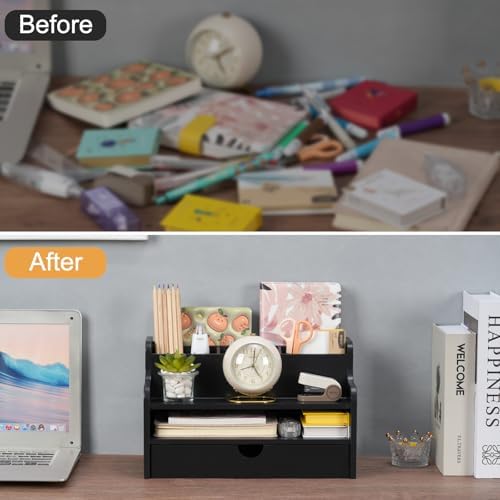 Mail Organizer Countertop, 4 Slots Desk Organizer with Drawer and Shelf