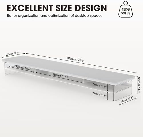 Fenge 42.5" Dual Monitor Stand with Clear Acrylic Legs, White