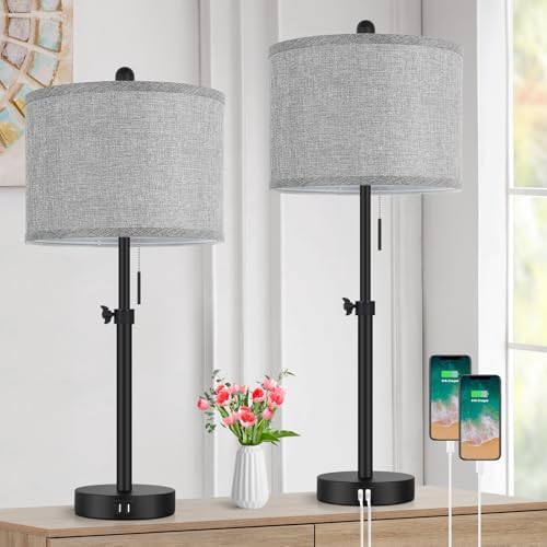 Kondras Table Lamps for Bedroom Set of 2, 23''-30'' Adjustable Height Bedside Lamps with 2 USB Ports, Black Nightstand Lamps with Grey Linen Shade, Modern Stylish Living Room Lamp Set with Pull Chain