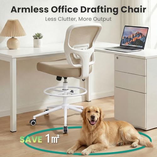 Armless Drafting Chair Tall Office Chair for Standing Desk - Adjustable Height Mesh Ergonomic Stool with Foot Ring, Rolling Counter Height Computer Chair for Small Spaces & Home Office