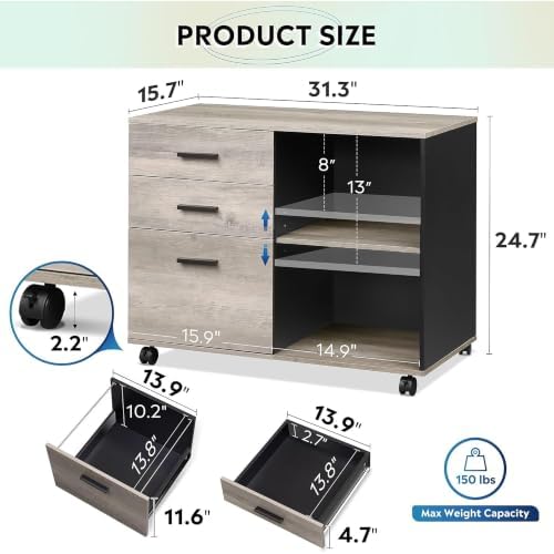 DEVAISE 3-Drawer Mobile File Cabinet, Lateral Filing Cabinet, Greige