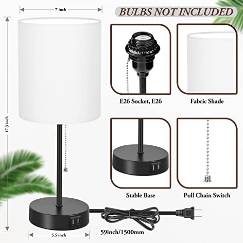 Bedside Table Lamps Set of 2 with USB Charging Ports and AC Outlet, White