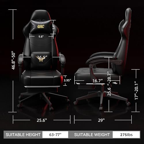 Gaming Chair, Ergonomic Computer Chair with Lumbar Massage & Heat, Video Game Chair with Silent Casters, 3D Adjustable Backrest, Thickened Seat, PU Leather, Hidden Footrest (63-77in)